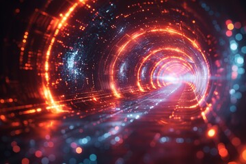 Poster - a visually striking red neon light tunnel filled with sparkling digital particles, creating a sense 