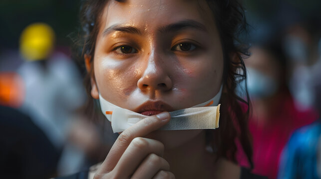 woman with mouth sealed in adhesive tape. free of speech, freedom of press, human rights, protest di