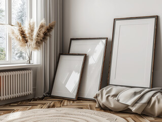 Wall Mural - Mockup poster frames close up on pastel floor home interior with shadow