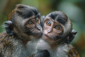 Poster - Two different species of monkeys grooming each other, removing parasites and strengthening social bonds,