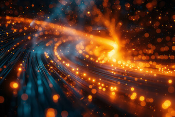 Poster - Luminous waves styled like fiber optics lighting up a dark space, perfect for telecommunications,