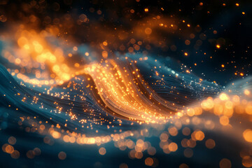 Poster - Luminous waves styled like fiber optics lighting up a dark space, perfect for telecommunications,