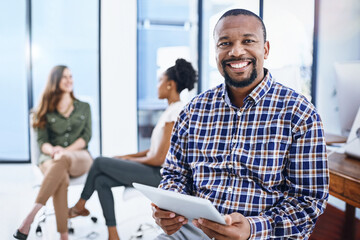 Poster - Tablet, happy and portrait of business black man in office for research project, website and internet. Company startup, coworking and person smile for digital tech and networking, planning or career