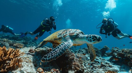 Aufkleber - A group of scuba divers observing a majestic sea turtle resting on a coral reef, highlighting the importance of responsible ecotourism.