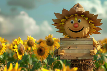 Wall Mural - Jovial 3D scarecrow character in a sunflower field, leaning on a blank wood sign, suitable for agricultural or autumn events 