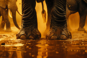 Poster - An elephant family at a watering hole, the adults shading the calves, dust swirling around their massive feet,