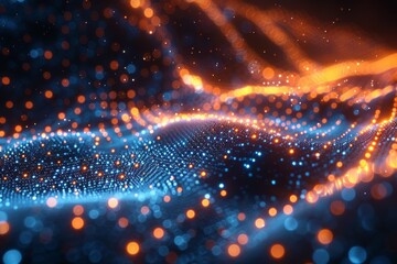 Poster - Digital landscape created with numerous glowing dots forming a flowing wave-like pattern denoting connectivity and data flow across a technological space