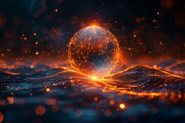 Poster - An illuminated sphere rests on a digitally created wave landscape, symbolic of global connectivity or futuristic discoveries