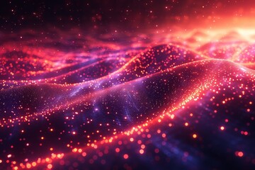Poster - A vivid depiction of a dynamic red and purple particle wave field with a glowing, flowing essence, representing alive and vibrant digital energy