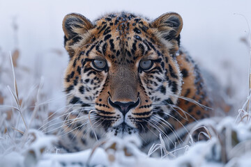 Poster - An Amur leopard in a snowy landscape, its rare coat providing perfect camouflage in the harsh environment,