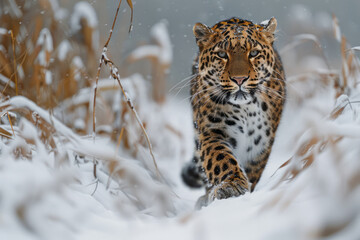 Poster - An Amur leopard in a snowy landscape, its rare coat providing perfect camouflage in the harsh environment,