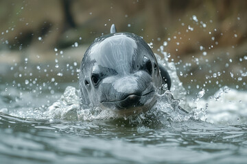 Poster - A Yangtze finless porpoise performing a rare surface breach, its playful nature belying its dire status,