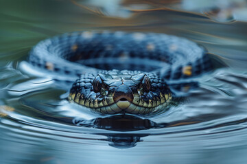Poster - A water snake gliding silently across a calm lake, barely disturbing the surface,