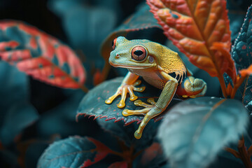 Poster - A tree frog clinging to a vibrant leaf, its skin a brilliant green that camouflages perfectly with its surroundings,