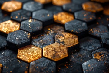 Poster - An abstract close-up of black hexagonal tiles with intricate golden highlights and a rich, textured surface