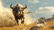Charging Bull in a Dusty Field: A Display of Power and Ferocity