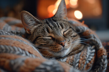 Aufkleber - A tabby cat curled up by a fireplace, its purring a soothing sound on a chilly evening,