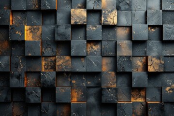 Poster - A detailed image of dark geometric square tiles with beautiful golden accents, conveying a sense of luxury and modern design