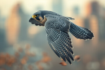 Poster - A sleek peregrine falcon diving at incredible speed, a blur against the city skyline,