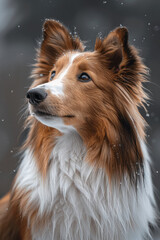 Poster - A Shetland sheepdog patiently posing for a family photo, its expression wise and gentle,