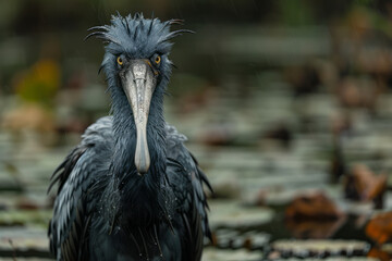 Aufkleber - A secretive shoebill standing motionless in an African swamp, its gaze intense and focused,
