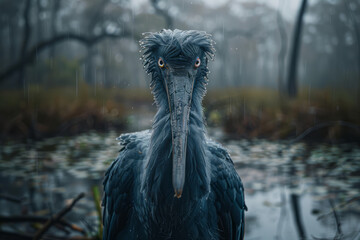 Aufkleber - A secretive shoebill standing motionless in an African swamp, its gaze intense and focused,