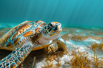 Aufkleber - A sea turtle making its way across the ocean floor, stopping occasionally to feed,