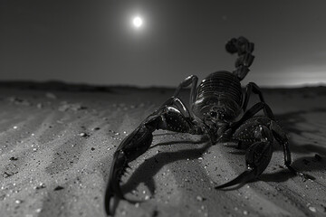 Poster - A scorpion scuttling across the sand under the moonlight, its silhouette sharp against the desert floor,