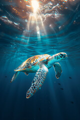 Aufkleber - A sea turtle gliding gracefully underwater, its shell patterned beautifully against the deep blue sea,