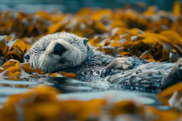 Poster - A sea otter floating amidst kelp in frigid waters, using the seaweed to anchor itself while sleeping,