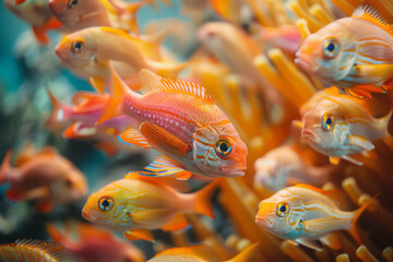 Aufkleber - A school of vibrant tropical fish darting through a colorful coral reef, a kaleidoscope of movement,