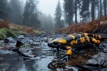 Poster - A salamander crawling along a damp forest floor, its bright markings warning of its toxicity,