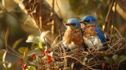 Poster - A pair of nesting bluebirds exchanging tender moments in their cozy nest, embodying the warmth and love of family life in the avian world.