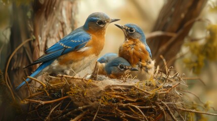 Poster - A pair of nesting bluebirds exchanging tender moments in their cozy nest, embodying the warmth and love of family life in the avian world.