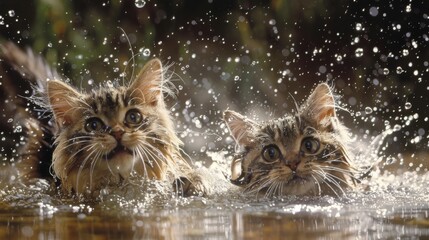 Aufkleber - A pair of playful cats splashing in a shallow pool of water, their fur glistening with droplets as they revel in a refreshing bath time.