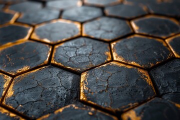Poster - High-resolution image capturing the cracked surface of hexagonal tiles with black and gold color scheme