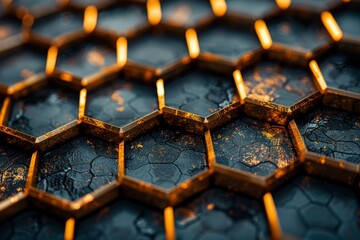 Poster - The glow of golden lines zigzagging across dark, textured hexagonal tiles denotes opulence and modernity