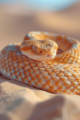 Poster - A rattlesnake coiled and ready to strike in the desert sand, its rattle a warning to passersby,