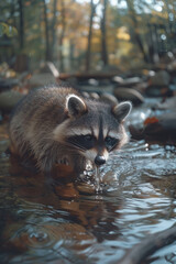 Poster - A raccoon washing food in a crystal-clear stream, its masked face turned curiously towards a rustling sound,