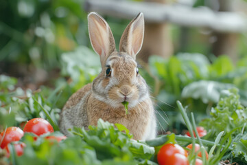 Poster - A rabbit nibbling on fresh vegetables in a well-tended garden, its ears perked up at every sound,