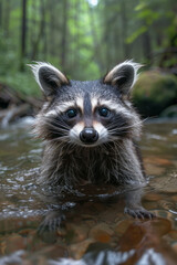 Poster - A raccoon washing food in a crystal-clear stream, its masked face turned curiously towards a rustling sound,