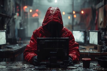 Poster - A hacker draped in a red hood works on a laptop amidst a downpour, the raindrops and neon lights setting a dramatic tone