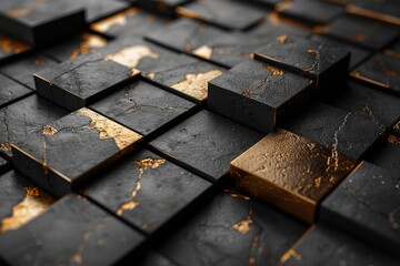 Poster - Close-up of stylish black blocks with deluxe gold cracks showing a concept of luxury and high-end design