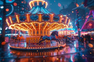 Poster - An enchanting evening shot of a classic carousel horse illuminated by thousands of lights creating a magical atmosphere