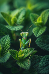 Poster - A praying mantis camouflaged among green leaves, poised to strike,