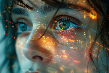 Poster - A portrait that glitches progressively from the top down, merging human features with digital noise,