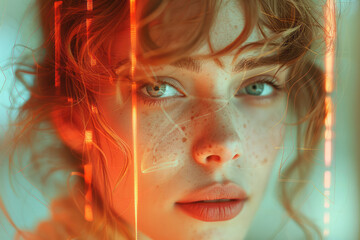 Poster - A portrait that glitches progressively from the top down, merging human features with digital noise,