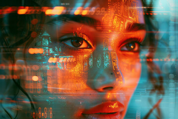 Poster - A portrait that glitches progressively from the top down, merging human features with digital noise,