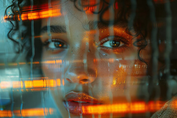 Aufkleber - A portrait that glitches progressively from the top down, merging human features with digital noise,