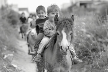 Poster - A pony carrying young children around a small track, its gentle nature bringing joy and laughter,